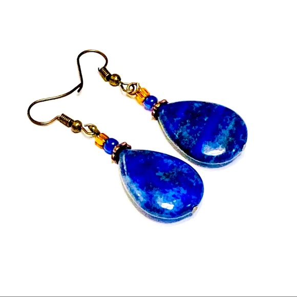 Bohemian LAPIS LAZULI Stone Earrings & Necklace w/ Sculpted Bronze Maple Leaf - Picture 13 of 14